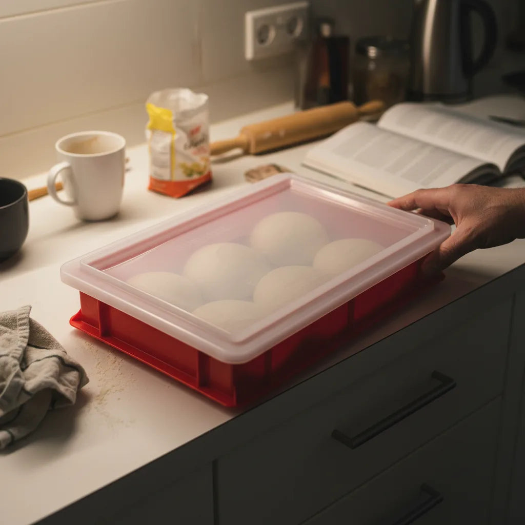 Rød hævekasse fyldt med pizzadejboller, klar til bagning, på et køkkenbord.