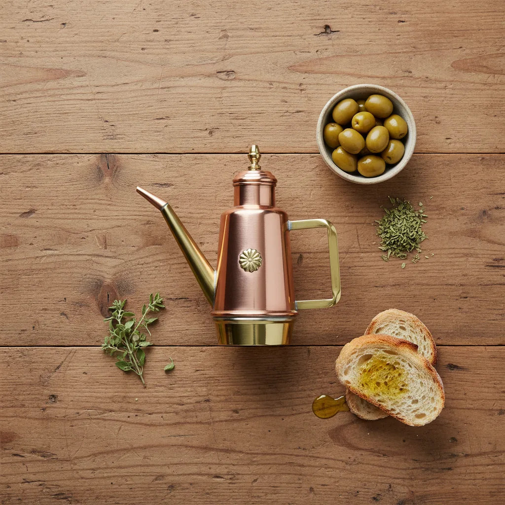 Kobber oliekande, oliven, krydderurter og brødskiver på træoverflade.