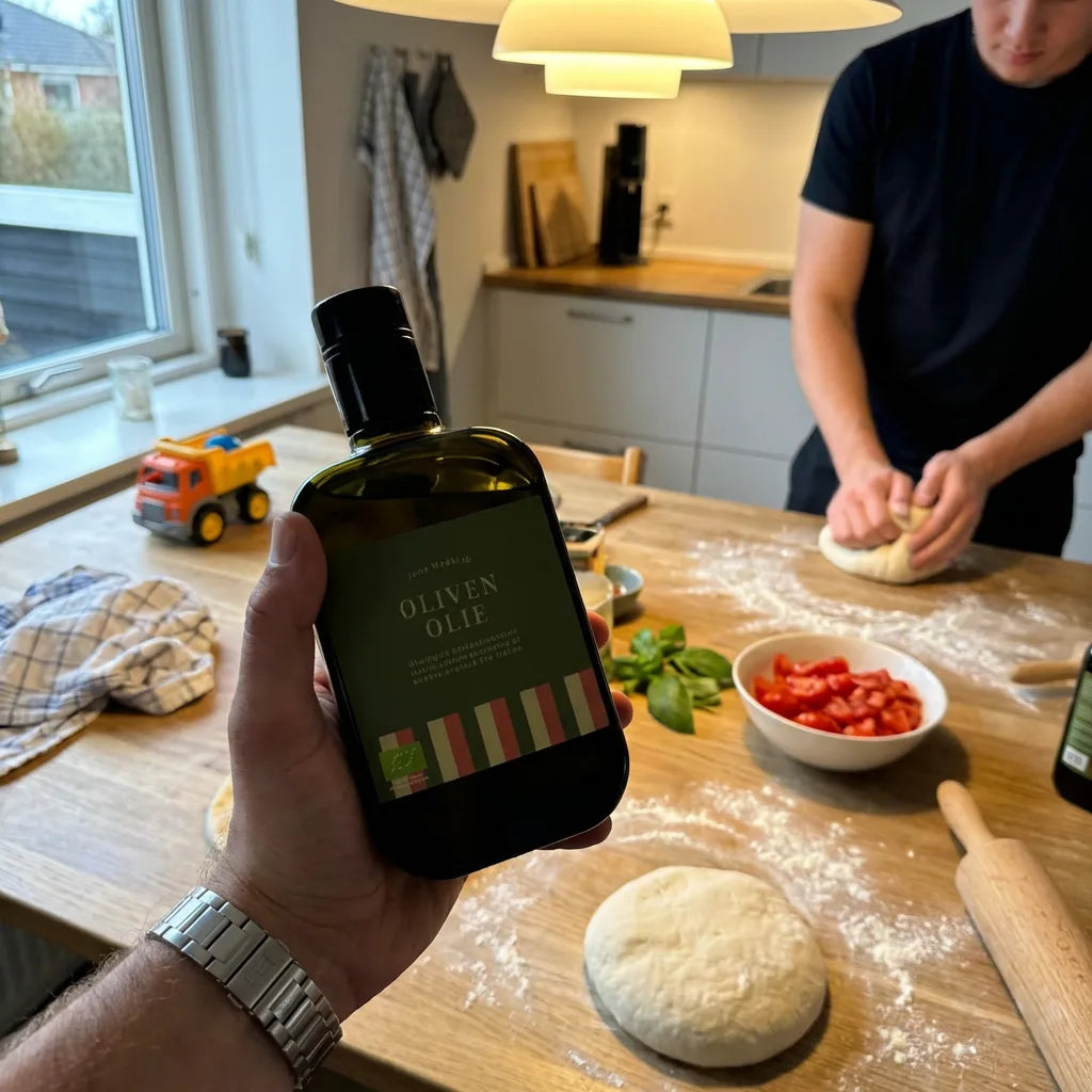 Økologisk olivenolie fra Jons Madklub i mørk flaske, holdt over køkkenbord med pizzadej og friske tomater på Sicilien.