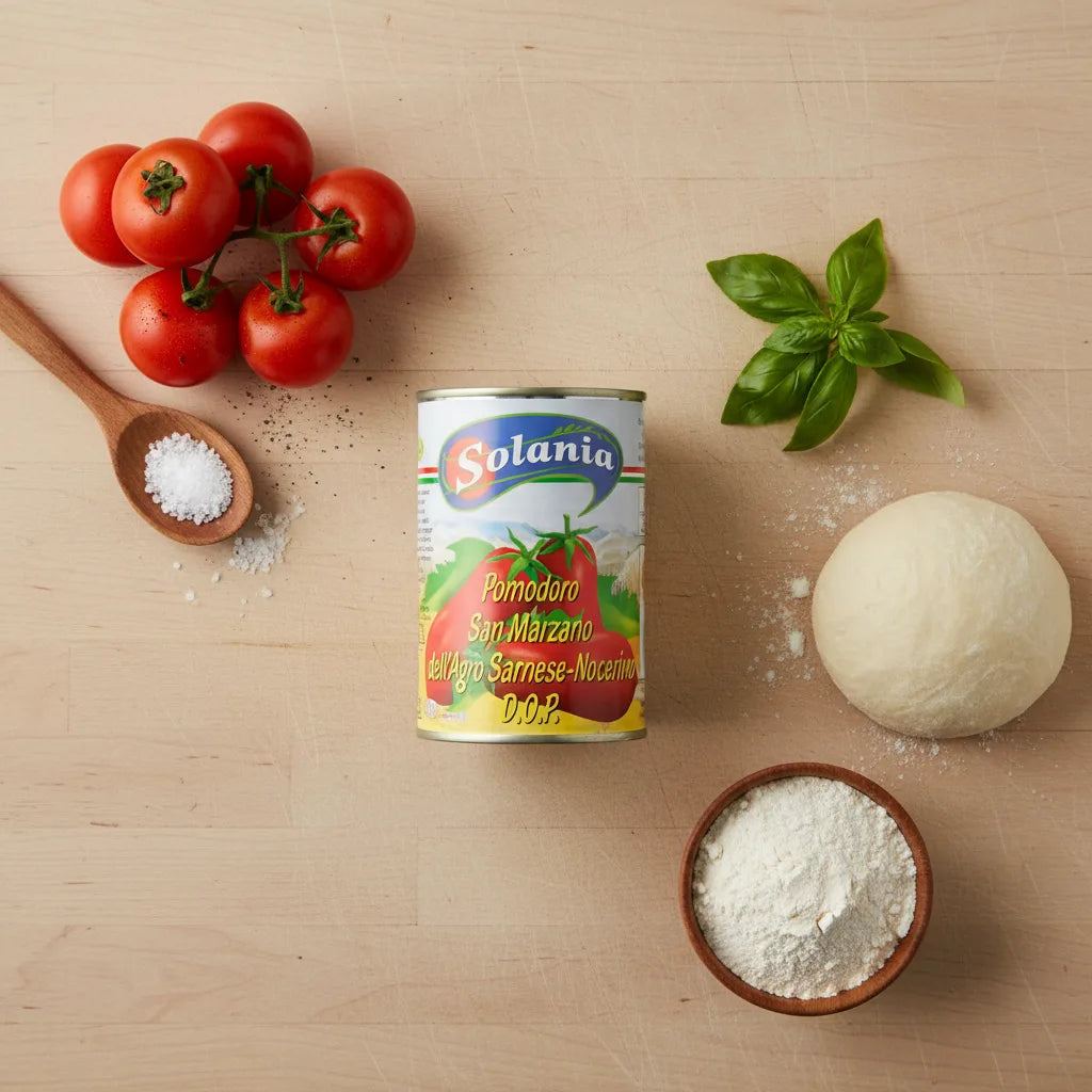 San Marzano dåsetomat, friske tomater, basilikum, dej, mel, salt på et træunderlag.