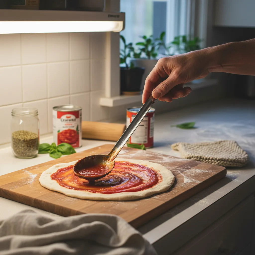Hånd spreder tomatsauce på pizzadej med slev på et skærebræt i køkkenet.